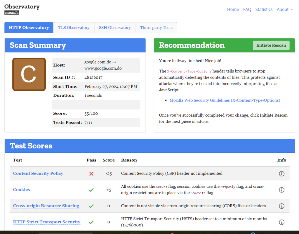 Imagen de Mozilla Observatory