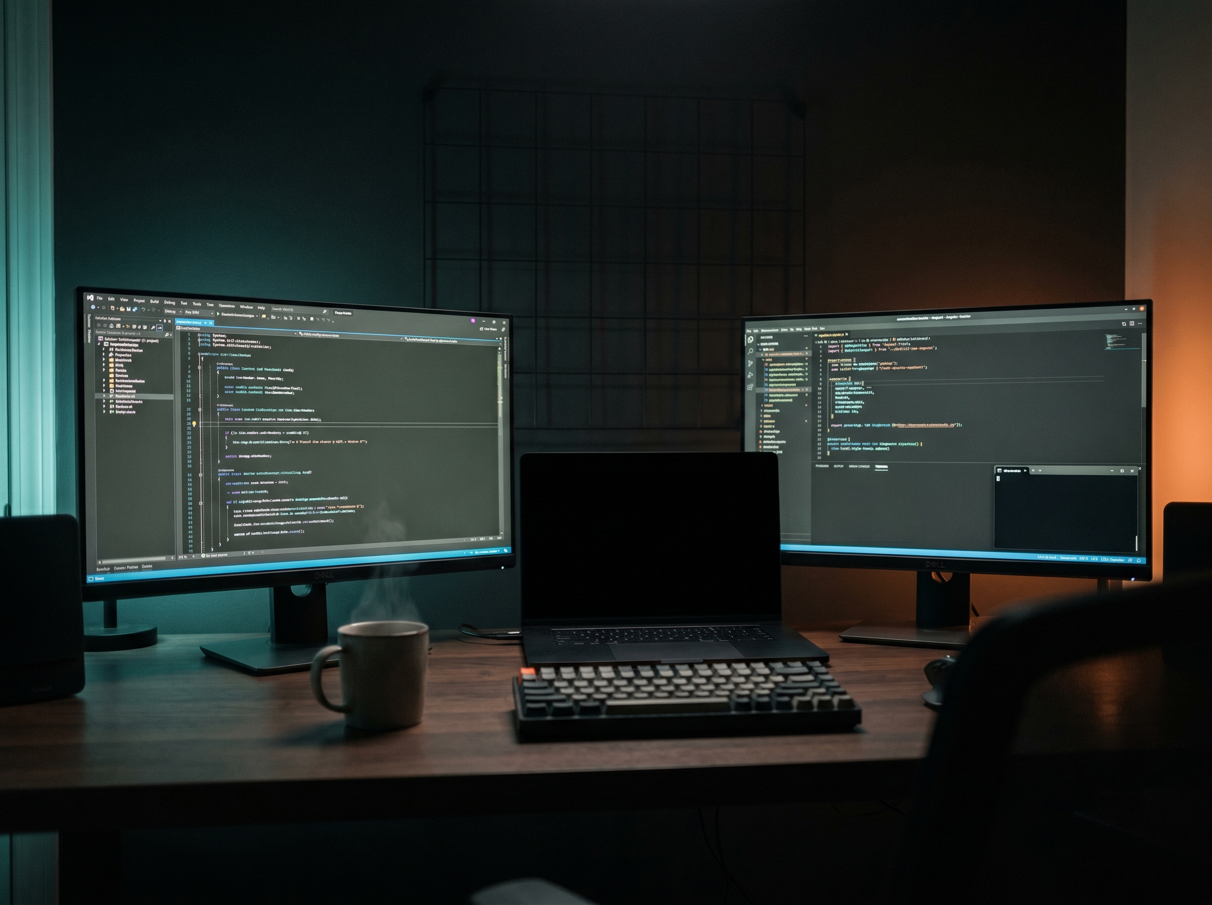 Dual-monitor developer workspace running C#/.NET Core and Angular code in a dark, grid-lit room